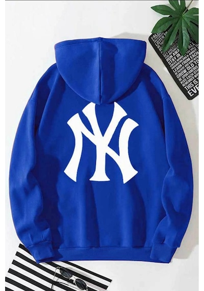 Herkesemoda Ön Ve Arka Baskılıı Kapüşonlu Sweatshirt Mavi