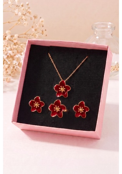 Kırmızı Renk Sakura Çiçeği Kolye Küpe Yüzük Seti Hediye Kutusunda Renkli