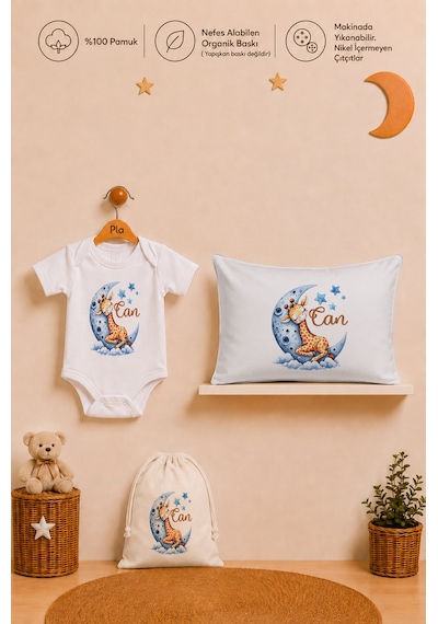 Pia Baby İsme Özel Erkek Bebek Hediyesi %100 Pamuk Organik Baskılı Body Yastık Kılıfı Ve Ham Bez Kıyafet Kesesi 1038byk2x Ekru