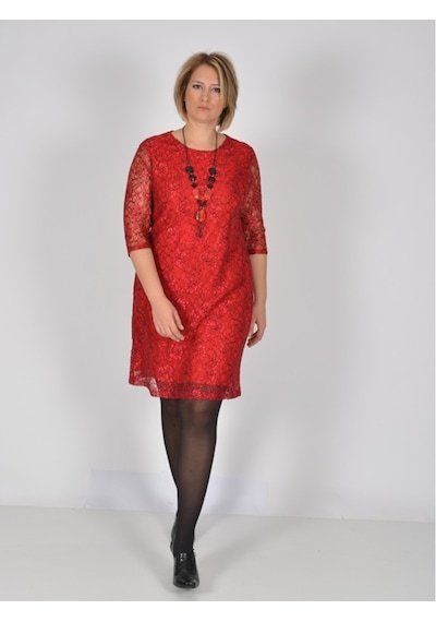 Nidya Moda Büyük Beden Midi Kolelbise-4009Bdk Kırmızı
