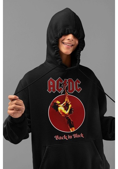 Sevbano Ac Dc Back In Black Baskılı Unisex Oversize Rock Metal Hoodie Siyah