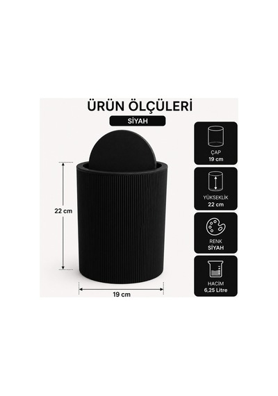 Novaflip Açılır Kapaklı Yuvarlak Çöp Kovası 6,25 L Kompakt & Modern Tasarım 22 19 Cm Siyah