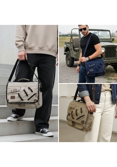 Cappadocia Vintage 4017 Haki 14" Laptop Kanvas Postacı Okul Çantası Unisex Kilitli Çok Cepli Omuz Askılı Haki