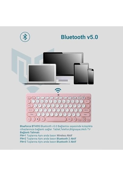 Blueforce Bt-k95 2,4ghz Wireless + Bluetooth Kablosuz Sessiz Klavye Pembe Çift Modlu Telefon Tablet Mac Uyumlu Sku: Smgstk4877fc9dab