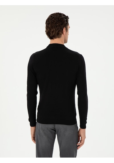 Cacharel Siyah Slim Fit Kaşmir İpek Karışımlı Çeyrek Balıkçı Yaka Triko Kazak