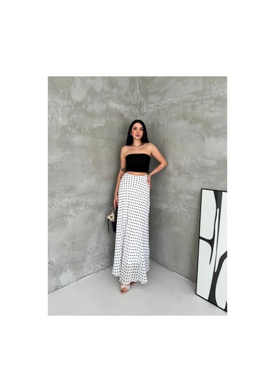 Gugus Kadın Puantiye Desenli Uzun Şifon Etek Astar 92 Cm Tam Boy 102cm Beyaz