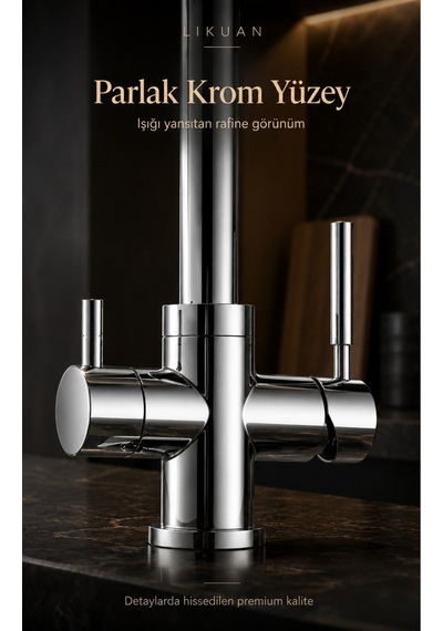 Nkdp3212cp Premium Krom 3 Akışlı Mutfak Musluğu Filtreli İçme Suyu Gümüş