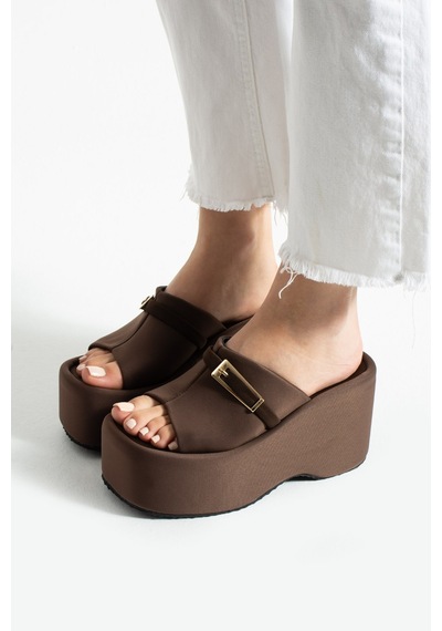 Dabab Shoes Lunara Kadın Acı Kahve 10 Cm Platform Topuk Tokalı Kalın Taban Terlik Sandalet Acı Kahverengi