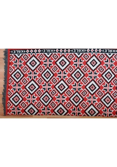 Makine Dokuması Baklava Desenli 3 Mekik Kırmızı Kalın Kilim