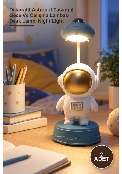 2 Adet Astronot Masa Lambası Dekoratif Astronot Tasarımlı Gece Ve Çalışma Lambası, Desk Lamp, Night Light Sarı