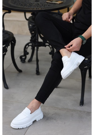 Shoetyle - Beyaz Deri Bağcıksız Erkek Günlük Ayakkabı 101-9069-941 Beyaz