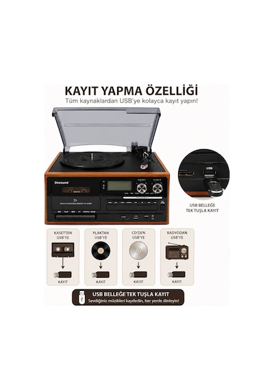Dosound Tr-17s Ahşap Çok Fonksiyonlu Pikap Kaset Cd Usb Bluetooth Müzik Sistemi 1 Adet
