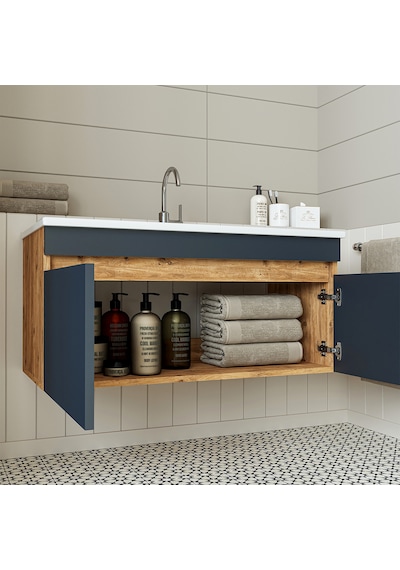 Roomart '' Lavabolu '' Atlantik- Antrasit Mdf 100cm Banyo Dolabı Atlantik Çam - Beyaz