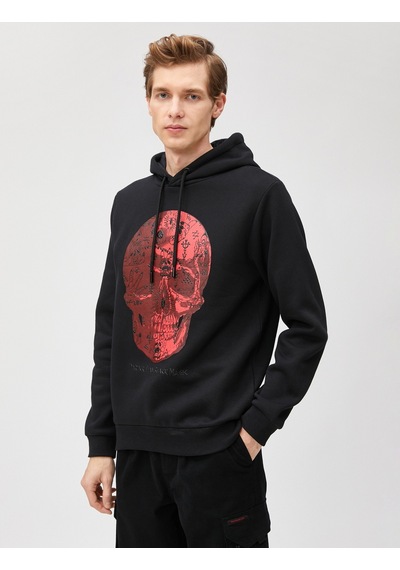 Koton Kapşonlu Sweatshirt Kuru Kafa Baskılı Uzun Kollu Siyah 3sam70133mk Siyah