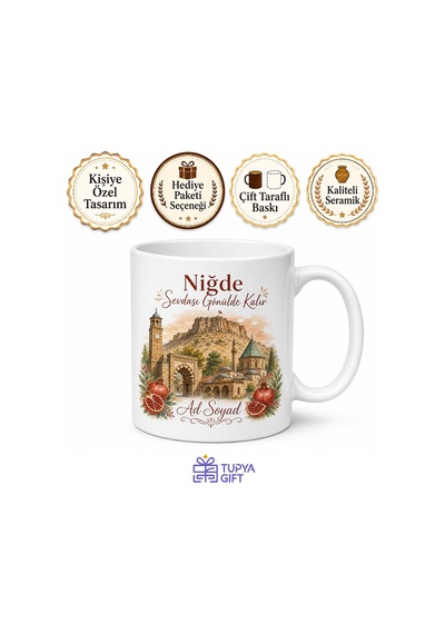 Niğde Şehir Hatırası Fotoğraflı Kupa Bardak Hediye Porselen Mug Beyaz / Çok Renkli