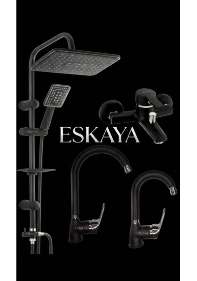 Eskaya Siyah Krom 4lü Full Set Robot Duş Banyo Bataryası Banyo Lavabo Ve Mutfak Eviye Musluğu Diğer