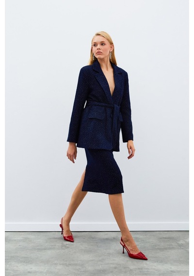 Sateen Kuşaklı Tüvit Ceket - Lacivert-135019 Lacivert