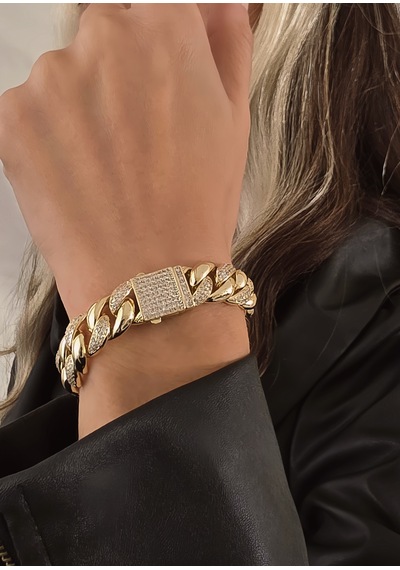 Eva Takı Store Küba Zinciri 14k Vip Seri Cuban Lınk Hip Hop Rhinestone Çelik Bileklik Altın
