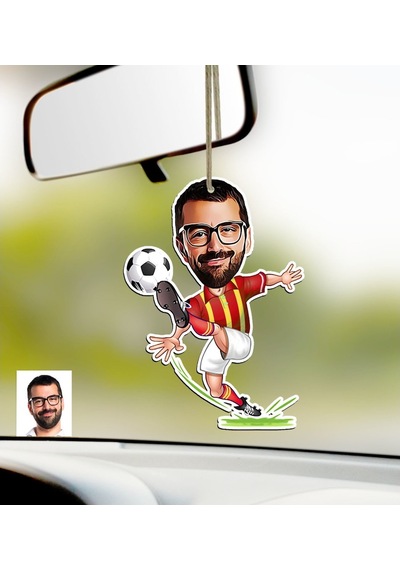 Kişiye Özel Sarı Kırmızı Futbolcu Karikatürlü Ahşap Araba Dikiz A