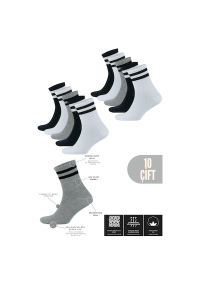 Kral Socks Kadın Erkek Düz Çizgili 10 Çift Çeyrek Soket Tenis Model Pamuklu Terletmez Çorap Seti Asorti