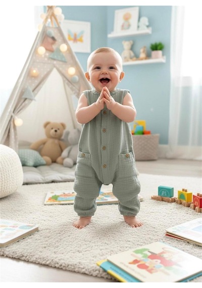 Tiffany Baby & Kids Tiffany Baby Bebek Green Theme Müslin Kolsuz Tulum Yeşil 65024