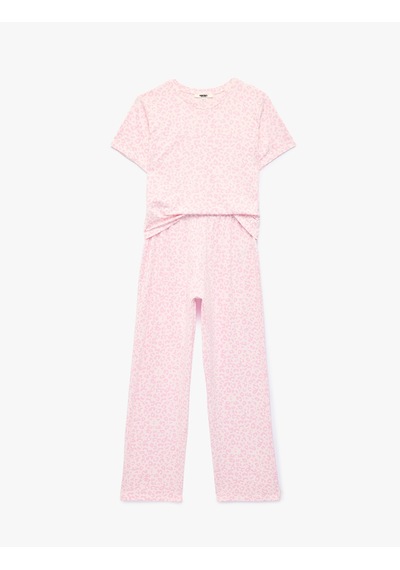 Koton Rahat Kesim Leopar Desenli Bisiklet Yaka Kısa Kollu Pijama Takımı Pembe Desenli 7wlk40289mk