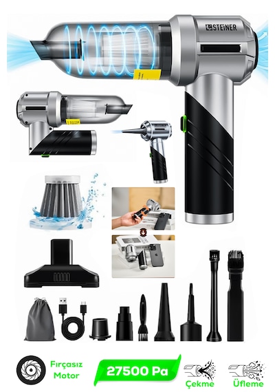 Steiner 27500pa Güçlü Katlanabilir Portatif Taşınabilir Vakumlu Kablosuz Mini Araç Süpürgesi Üfleme Özellikli + Bez Çanta  Diğer