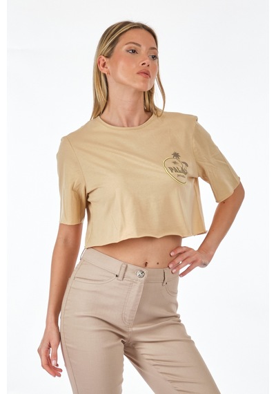 Only Sıfır Yaka Bej Kadın Crop T-shirt 15290663 001