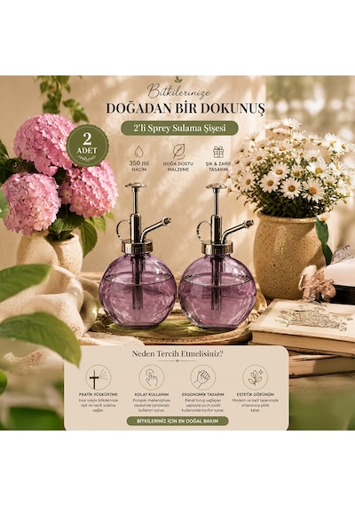 Porsima 15729 2'li Cam Sprey Şişe Seti 350 Ml Mor Cam Çiçek Bitki Sulama Püskürtücü & Sprey Yağdanlık