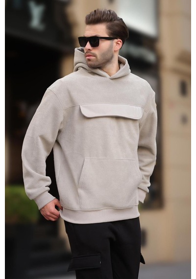 Madmext Boyalı Gri Kapüşonlu Kapaklı Cep Detaylı Polar Erkek Sweatshirt 7097 Gri