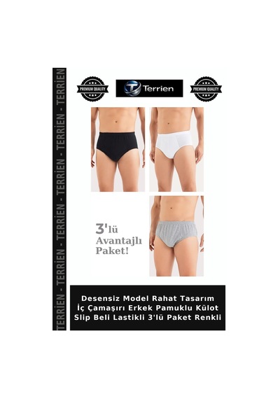 Terrien Desensiz Model Rahat Tasarım İç Çamaşırı Erkek Pamuklu Külot Slip Beli Lastikli 3'lü Paket Renkli Çok Renkli