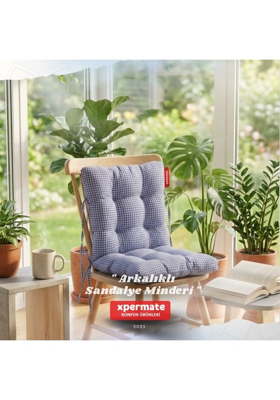 Pötikare Arkalıklı Sandalye Minderi Bağcıklı Mutfak Balkon Bahçe Minderi Mavi