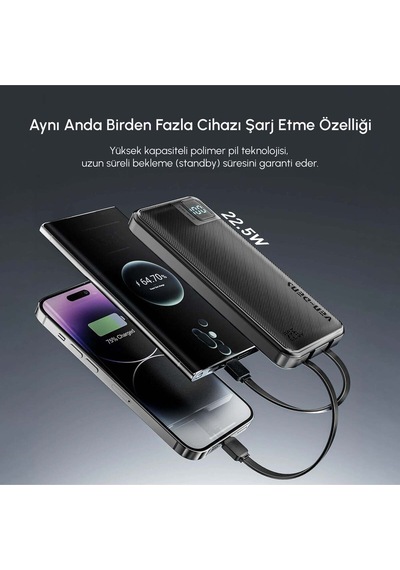 Ven-dens Vd-pb061 20000mah Premium Powerbank Dahili Çift Kablolu Siyah