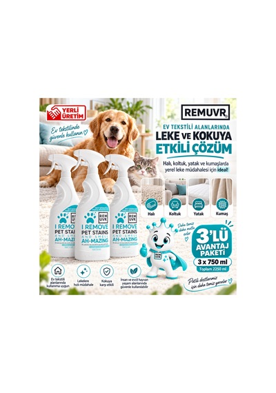 Leke Çıkarıcı Enzimatik Sprey 750 Ml Halı Koltuk Kumaş Kedi Köpek İdrar Ve Koku Giderici X 3 Adet Kedi Köpek, Halı Koltuk Yatak