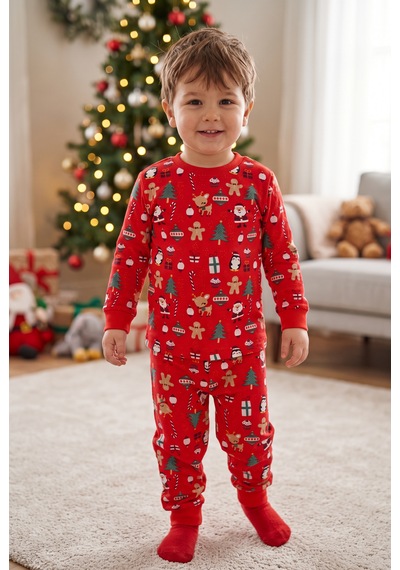 Bmt Bebek %100 Pamuk Kırmızı Yılbaşı Temalı Çocuk Pijama Takımı 3-12 Yaş