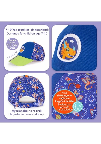 Milk & Moo Ponix 7-10 Yaş Erkek Şapkası - Ejderha Temalı, Simli, Mavi-Yeşil, Ayarlanabilir Yazlık
