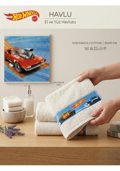 Taç Lisanslı Hotwheels Pamuk 50x70 Cm Yüz Havlusu Beyaz Beyaz - Açık Mavi