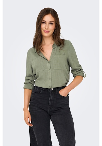 Only Onlyasmin Keten Karışımlı Regular Fit Klasik Yaka Gömlek Bayan Gömlek 15349102 Haki