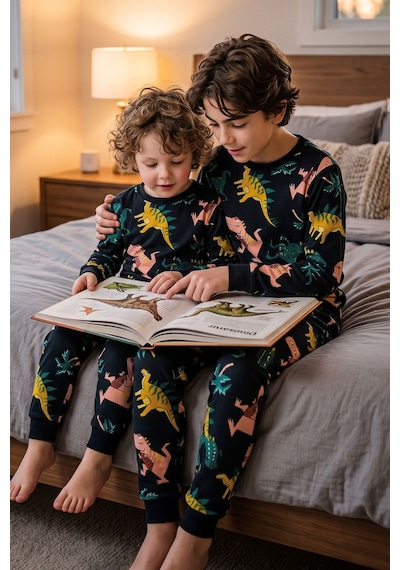 Zuzunga Dinozor Desenli Siyah Uzun Kollu Erkek Çocuk Pijama Takımı