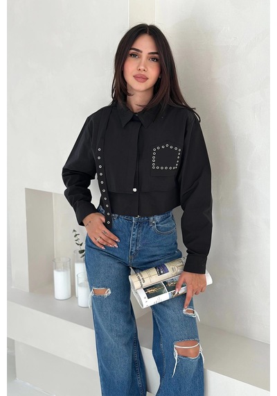 Asprin Fashion Kuş Gözlü Paraşüt Gömlek Siyah Siyah