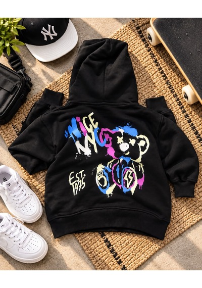 Kız - Erkek Çocuk Kapüşonlu Sırt Baskı Detaylı Sweatshirt - Hoodie siyah