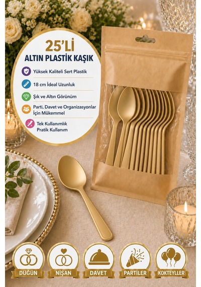 25 Li Altın Plastik Kaşık 18 Cm Sert Tek Kullanımlık