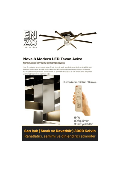 Nova 8 Silver Led Tavan Avize Kumandalı Dim Edilebilir Aşağı Işık Sarı Işık