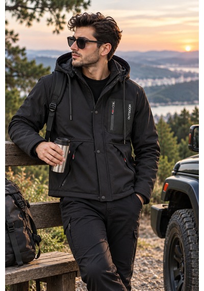 Luxic Core Luxıc Core Erkek Kürklü Kapüşonlu Softshell Kışlık Mont Siyah M