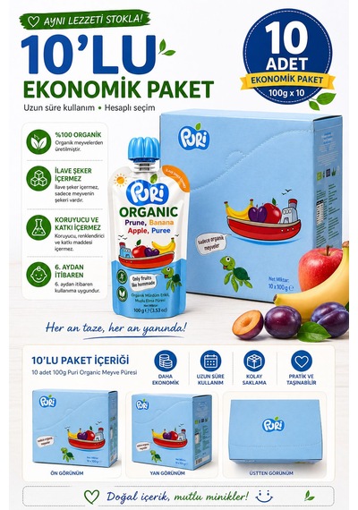 Organic Mürdüm Erikli Muzlu Elma Püresi 100 G x 10 %100 Organik İlave Şekersiz 10'lu Paket