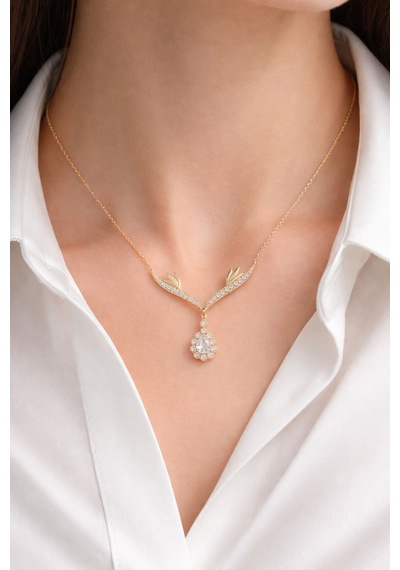 Çekirdekjewelry 925 Ayar Gümüş Zirkon Taşlı Kanatlı Kolye Sarı
