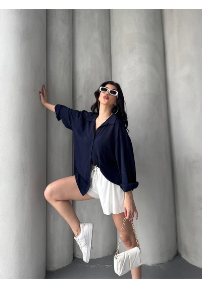 Paw Garage Kadın Flory Ayrobin Oversize Tek Cep Gömlek Lacivert