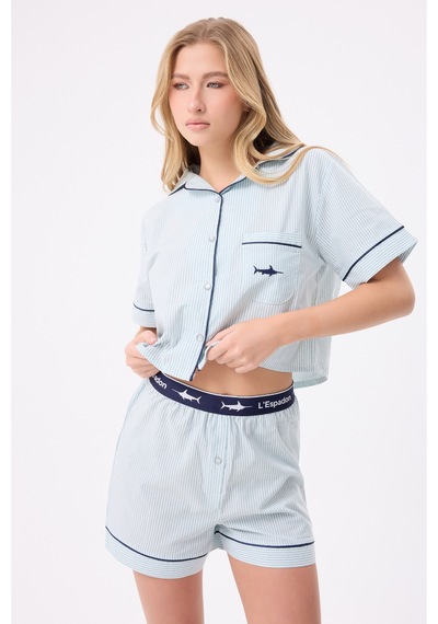 Lespadon Marısılk Seastrıpe Kadın Yazlık Şortlu Crop Gömlekli Pijama & Lounge Takımı-3174 Yesil