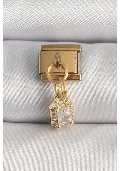 316l Çelik Gold Renk Sallantı Zirkon Taşlı Kare Model Nomination Charm