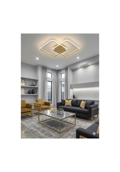 Yüksek Aydınlatmalı Kare Gold Tavan Plafonyer Led Avize, 3 Renk Aydınlatma